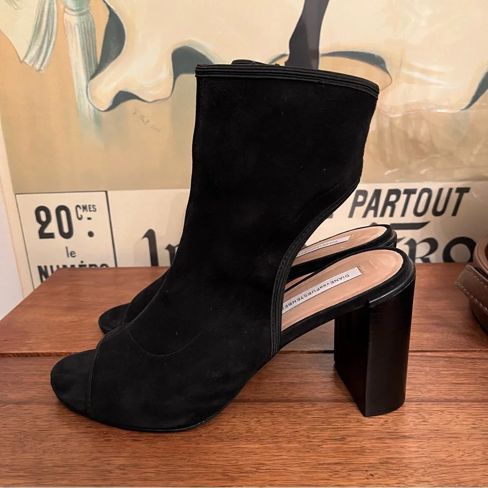 Diane von Furstenberg Black Suede Panina Open Toe Booties